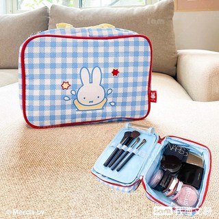 【iam我適文創】米飛 miffy 夏日格紋手提化妝包 收納包 彩妝收納包 旅行手提包 分隔收納包