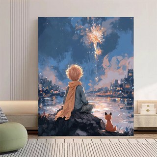 王子鯨魚數字油畫 DIY 手繪丙烯畫成人兒童填色塗色畫, 星空王子1【內框顏料+畫筆】,40*50cm, 1個