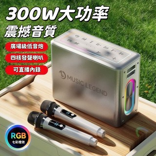 MUSIC LEGEND 300W大功率四核喇叭迷你音響 雙麥克風K歌 RGB燈效 多模式播放, 銀色, SS-V60-SILVERY