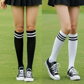 더간다 1+1 스포츠 여성니삭스 골프양말 중목 무릎 삭스 통기성 흡습성 사계절 오버니삭스 2개, 숏 블랙+화이트 1SET