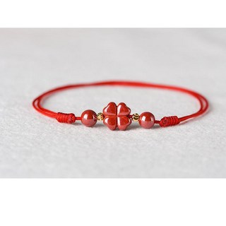 硃砂幸運四葉草紅繩手鍊 本命年編織手環 酒紅色