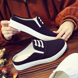 平地半拖鞋 2025夏季新款無後跟帆布鞋女白色一腳蹬懶人鞋女半拖布鞋小白鞋女