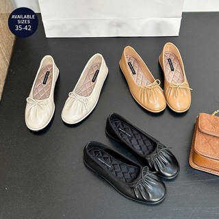 早衣服 大尺碼平底奶奶鞋 蝴蝶結芭蕾舞女鞋 平底鞋 褶皺軟皮豆豆單鞋42, 米色IVORY, 40/25 內長 24.5 cm