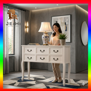 JEIHI 아메리칸 엔틱콘솔 심플 원목현관장 현관콘솔 유럽식 서랍장, 아이보리색 중형