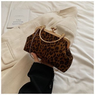 流行貝殼包 新款鏈條包 簡約豹紋手提包 女士單肩斜挎包 晚宴包, 棕色