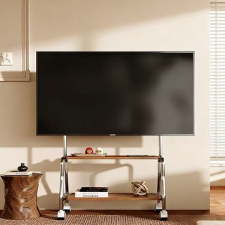 電視推車架 32-75吋 移動電視支架 不鏽鋼框架 木質托盤 50kg承重 雙層設計, 1個, 不鏽鋼【雙層電視推車架】32-75吋, 移動式