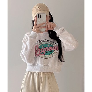 비토샵 여성 할리 기모 루즈핏 프린팅 세미 크롭 맨투맨 국내생산