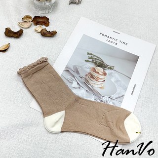 HanVo 春夏花草透氣網眼木耳邊長襪 舒適親膚刺繡棉質襪 百搭潮流時尚休閒襪 女生配件 A12-6231