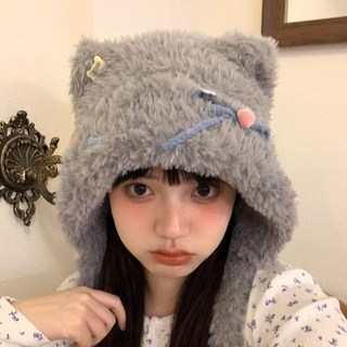 原創自制秋冬小熊貼布加絨護耳帽，繫帶保暖毛絨帽，三色可選