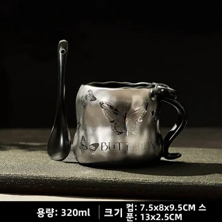 2025 신형 모던 세라믹 머그컵 커피잔 나비 손잡이 우유컵 커플 선물 고급스러운 특징 독특한 디자인 350ml, 01 다크 실버 로리타 나비 컵 + 스푼