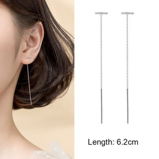 100% 진짜 925 스털링 실버 단일 Threader 지르콘 귀걸이 긴 체인 여자를위한 드롭 귀걸이를 통해 당겨 여자 E0636