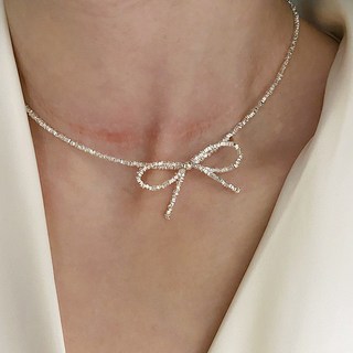 S925 鍍銀碎銀子蝴蝶結項鍊 輕奢高級感頸鏈鎖骨鏈