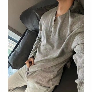 亨利衫復古美式衛衣半拉鍊華夫格春秋季長袖ins慵懶風t卹男情侶款