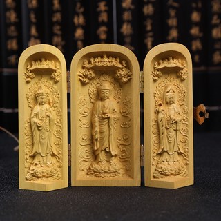 【熱銷新品】黃楊木雕刻家居擺件 中式擺件 隨身佛龕 佛像 觀音 菩薩 三清三開盒 清水祖師 三寶如來 木雕佛像, 立蓮三聖