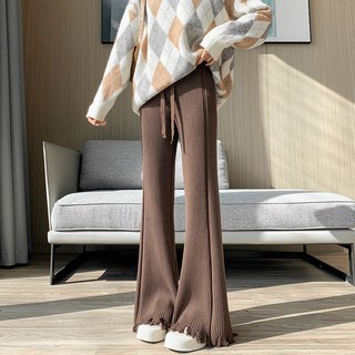 AOKADA 여성 플리츠 태슬 와이드 니트 팬츠 하이웨스트 가을 겨울 슬랙스 바지