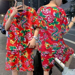 東北大花布短袖短褲T恤套裝：抖音同款搞怪民族風，寬鬆舒適炸街必備