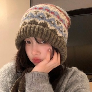 費爾島風毛線帽 大頭圍粗針織帽 女秋冬巴拉克拉法帽 冬天帽子包包帽