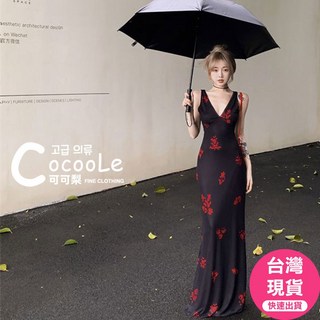 可可梨 韓版法式優雅黑色大紅花深V低胸收腰美背洋裝，黑色長洋裝，性感小禮服，韓系收腰顯瘦洋裝, XL
