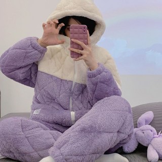 睡衣冬天 絨睡衣 冬天睡衣 法蘭絨睡衣 厚睡衣 女士冬季珊瑚絨三層加厚加絨保暖法蘭絨春秋冬天款家居服