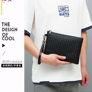 Wendy新款男士手包 軟皮編織手拿包 大容量商務休閒信封手抓包, 黑色,大號