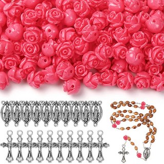 140피스 묵주 제작 용품 조각 장미 비즈 꽃 비즈 키트 십자가 센터피스 십자가 메달 실버 예수 마리아 펜던트 팔찌 목걸이용핑크, 핑크