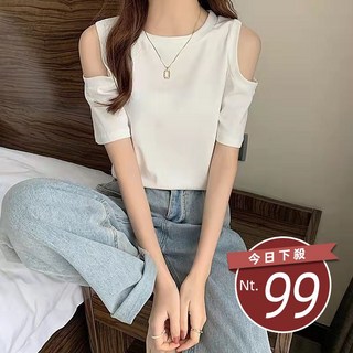 韓版露肩短袖上衣 - 時尚顯瘦女裝T恤