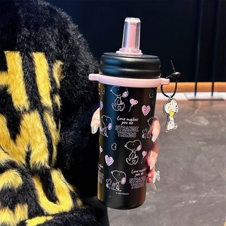 史努比 提手保溫杯 316不鏽鋼吸管杯 710ml 附茶隔, 黑影粉蝶,710ml, 1個