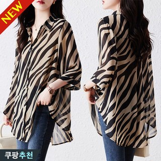 105kg까지 날씬해 보이는 여성 스트라이프 쉬폰 쿨 카라 셔츠 브라우스 여름 추천 빅사이즈 오버핏 배색 자외선 차단 시원한 무늬 포인트 시폰 큰옷 가디건 상의 배기핏 블라우스