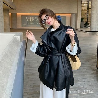 KUKU 韓女氛圍設計高級感炸街復古黑色PU皮西裝皮衣外套 女春秋港風大衣 韓版寬鬆大尺碼oversize外套