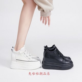 10CM增高鞋真皮小白鞋女鞋拼接內增高厚底休閒鞋魔術貼小白鞋套腳懶人鞋軟皮軟底透氣百搭好走不累腳白色休閑鞋鬆糕鞋運動鞋