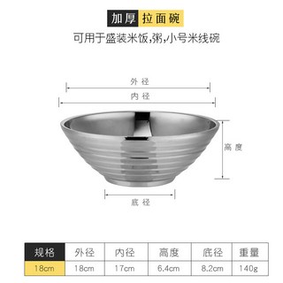 特價下殺 不銹鋼湯碗超大防燙雙層拉麵碗韓式商用麵碗拌飯碗冷麵碗麻辣燙碗, 18cm拉麪碗（201亮光款）, 1個
