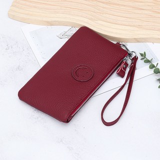 女士真皮手拿包 時尚笑臉拉鍊設計 軟牛皮大容量長款手機錢包 台灣發貨