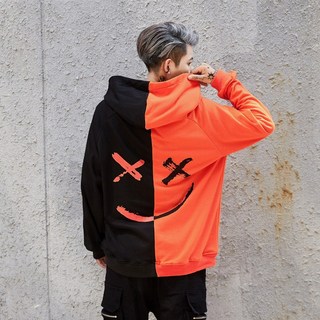 男士春秋休閒時尚拼色笑臉衛衣男長袖運動連帽上衣外套男