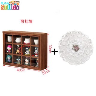 杯子盲盒手辦娃娃置物櫃桌面化妝品展示架日式實木木質復古收納盒, 1個, 翻蓋十二格+蕾絲布