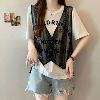 ROYALBELLE 여성 루즈핏 시스루 레이어드 자수 레이스 조끼 스타일 반팔 티셔츠 N0062802