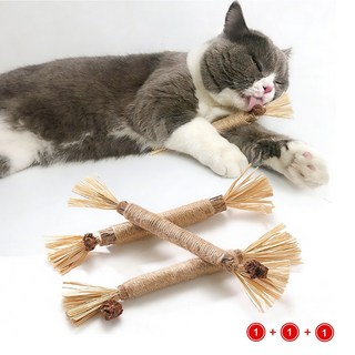 LXU 고양이 마따따비 스틱 라피아 잎 개다래 나무 치석제거 덴탈 츄 장난감 3개세트, 3개, 옐로우