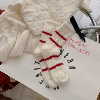 臺灣出貨 冬季新年澳絨襪子紅色條紋女士中筒襪羊絨新年襪子 保暖加絨紅襪馬年新年裝飾佈置 春節裝飾 過年裝飾品 新年