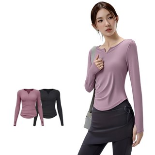 BONNYLASS 顯瘦V領長袖瑜伽服，收腰設計，弧形下擺，適用體重40-73公斤