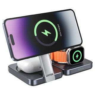 UNITEK Qi2 折疊式 MagSafe 三合一無線磁吸充電器/座/盤 - 高度可調 Apple Watch螢幕不遮擋, 1個