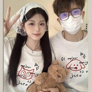 西班牙文-貓狗好朋友 純棉 短T 情侶T【Y1132】MIT 情侶裝 短袖T恤 班服 男女可穿, 水藍衣貓咪,S