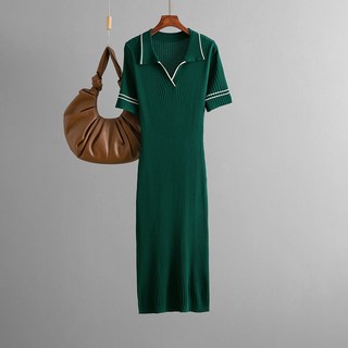 POMTOR 여름 여성 카라 반팔 롱 원피스 슬림핏 H라인 니트 원피스