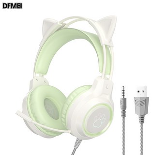 DFMEI G35貓耳電競耳機學生電腦專用3D環繞耳麥頭戴式有線遊戲耳機, SY-G35【貓耳綠色】PS5發光耳機(配贈一分二線), 如圖