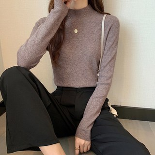 【HanVo】保暖系列 大地色半高領針織衫 長袖上衣 女 秋冬休閒百搭柔軟立領針織衫