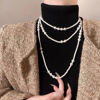 鴻利首飾廠 多層疊戴珍珠項鏈 新款洋氣時尚鎖骨鏈 輕奢高級感長款毛衣鏈