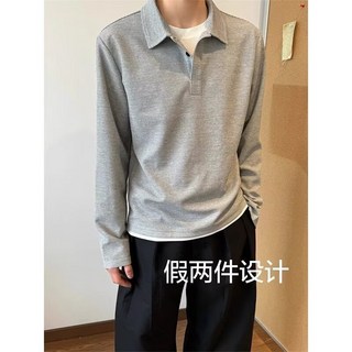 花灰色假兩件華夫格亨利領長袖衛衣男秋冬美式翻領polo衫上衣外套