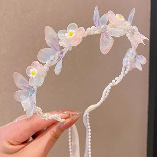 兒童花環頭箍飄帶2025新款公主蝴蝶編髮髮飾小女孩超僊不勒頭髮, 米色髮箍, 1個