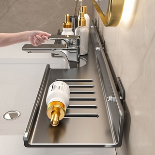 SEVOREN 수전 정리대 무타공 거치대 탄소강 세면대 물빠짐 선반 다용도 욕실 선반, 그레이, 1개