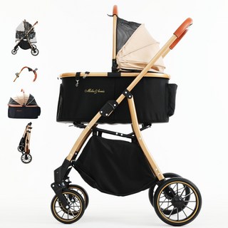 MILA&LOUIS 2025최신 강아지 유모차 애견유모차 원터치 퀵폴딩 강아지유모차 분리형 프리미엄 소중형견 접이식 개모차, 큰 바퀴+레인커버, 골드, 1개