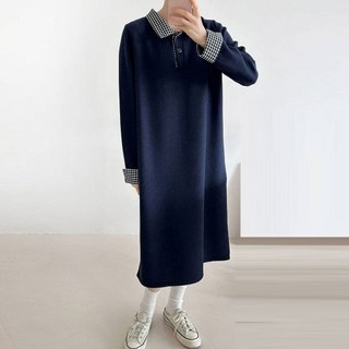 빅사이즈 25FW 헤리티지 체크 카라 배색 기모 원피스