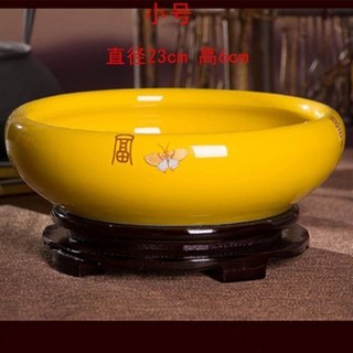 招財聚寶盆 祈福 景德鎮陶瓷聚寶盆 硬幣零錢收納 黃色淺盆 筆洗 水培花盆 桌面缸擺件, 小號黃色牡丹花【不含底座】